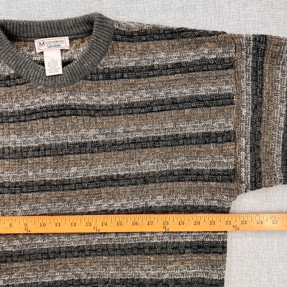 VTG 90s Munsingwear Striped Knit Sweater Men Large Gray Brown Grandpa Cozy Retro - Picture 6 of 9